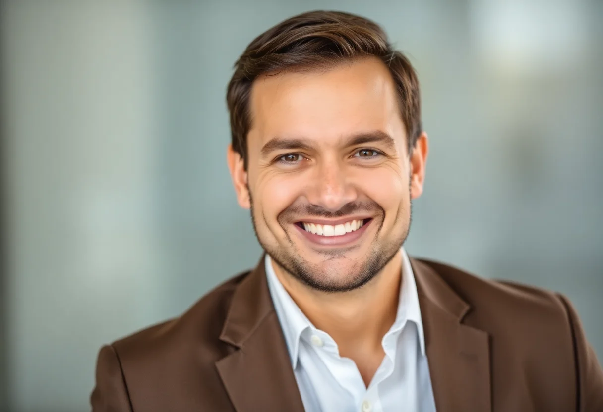 A confident businessman smiling in a professional headshot