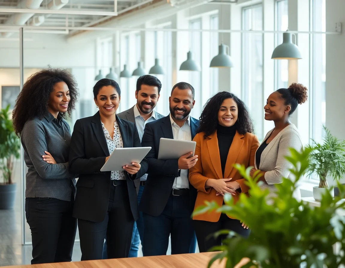 A diverse team collaborating in a modern office environment