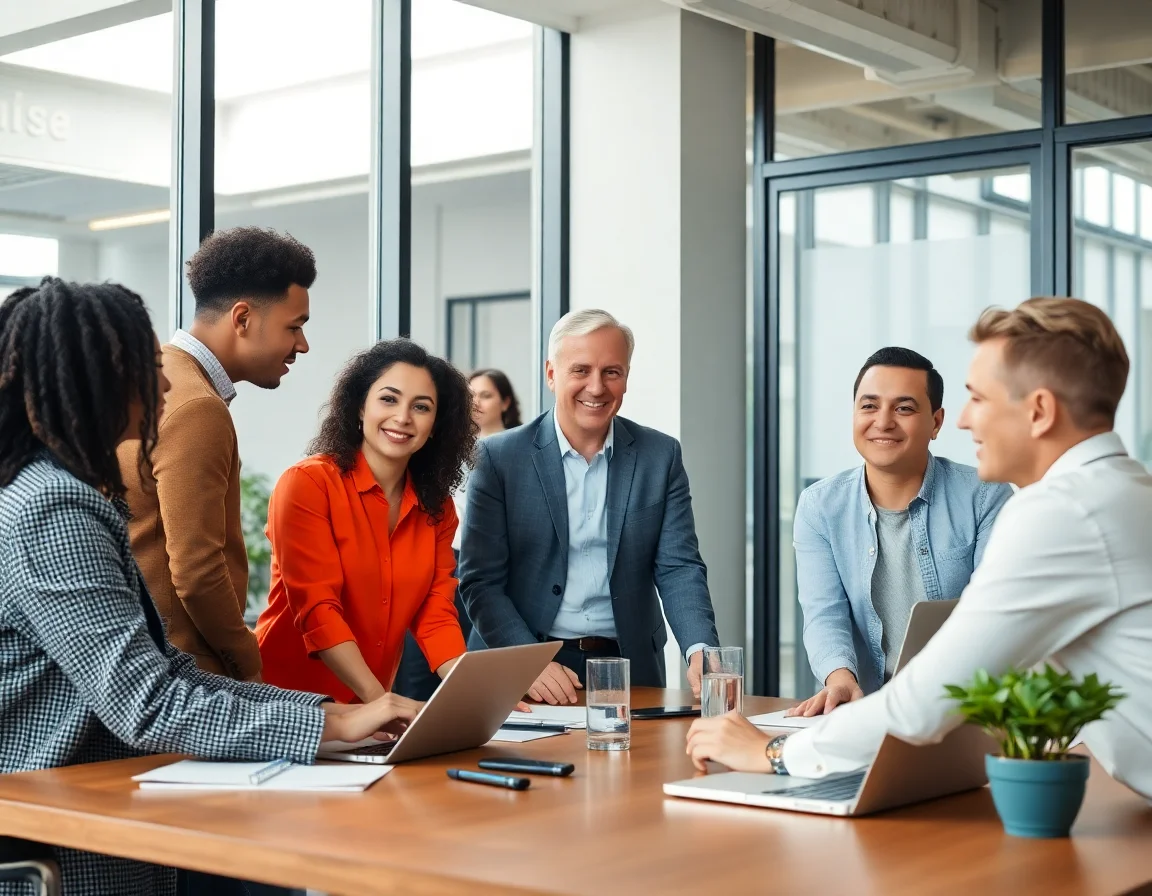 A diverse team of professionals collaborating in a modern office meeting room