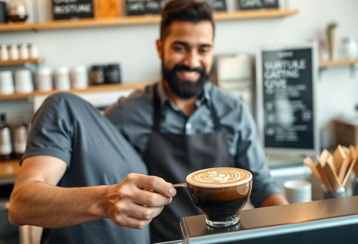 A friendly barista preparing a latte with intricate art in a cafe