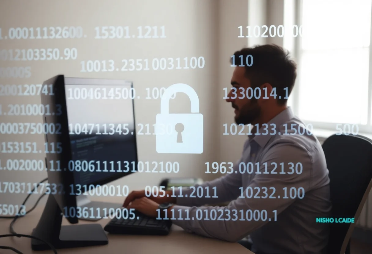 A person working on a computer with security code overlays, representing data protection.
