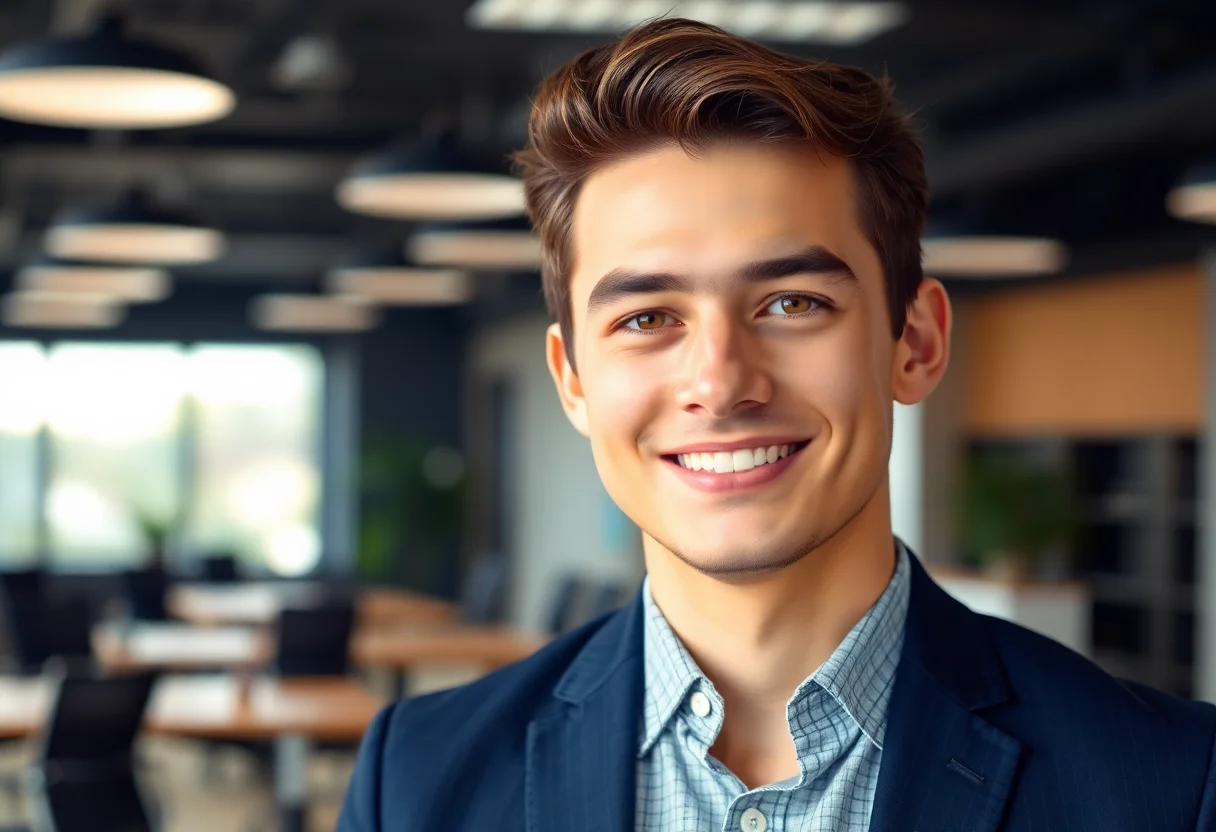 Approachable headshot of a young male professional in an office setting