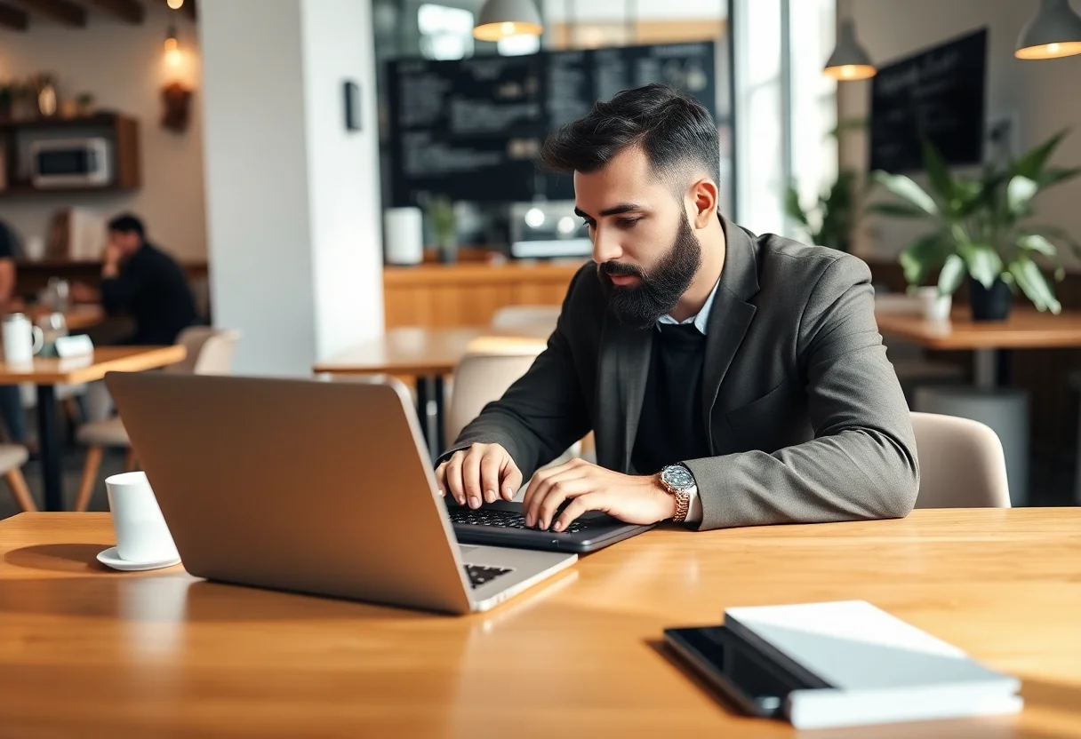 Business owner working on a laptop in a cafe.