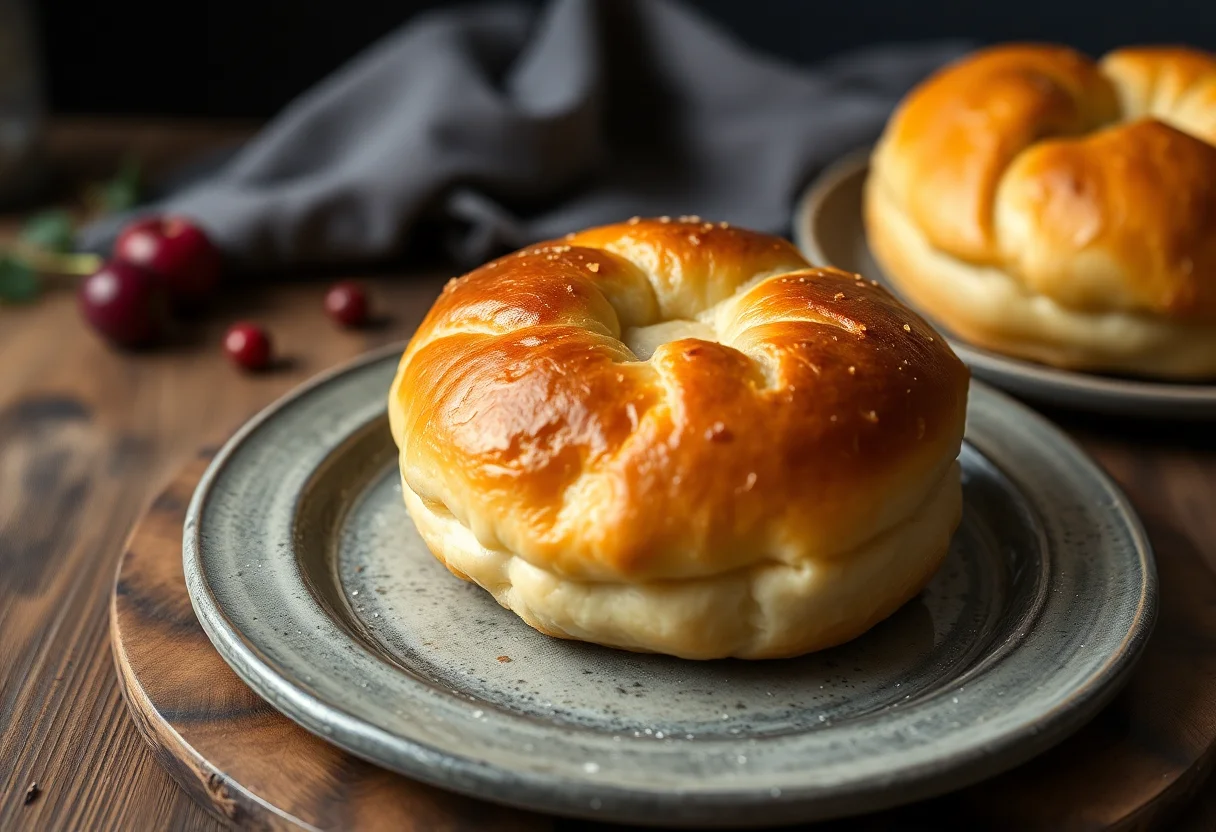 Close-up shot of a delicious, freshly baked pastry on a rustic plate