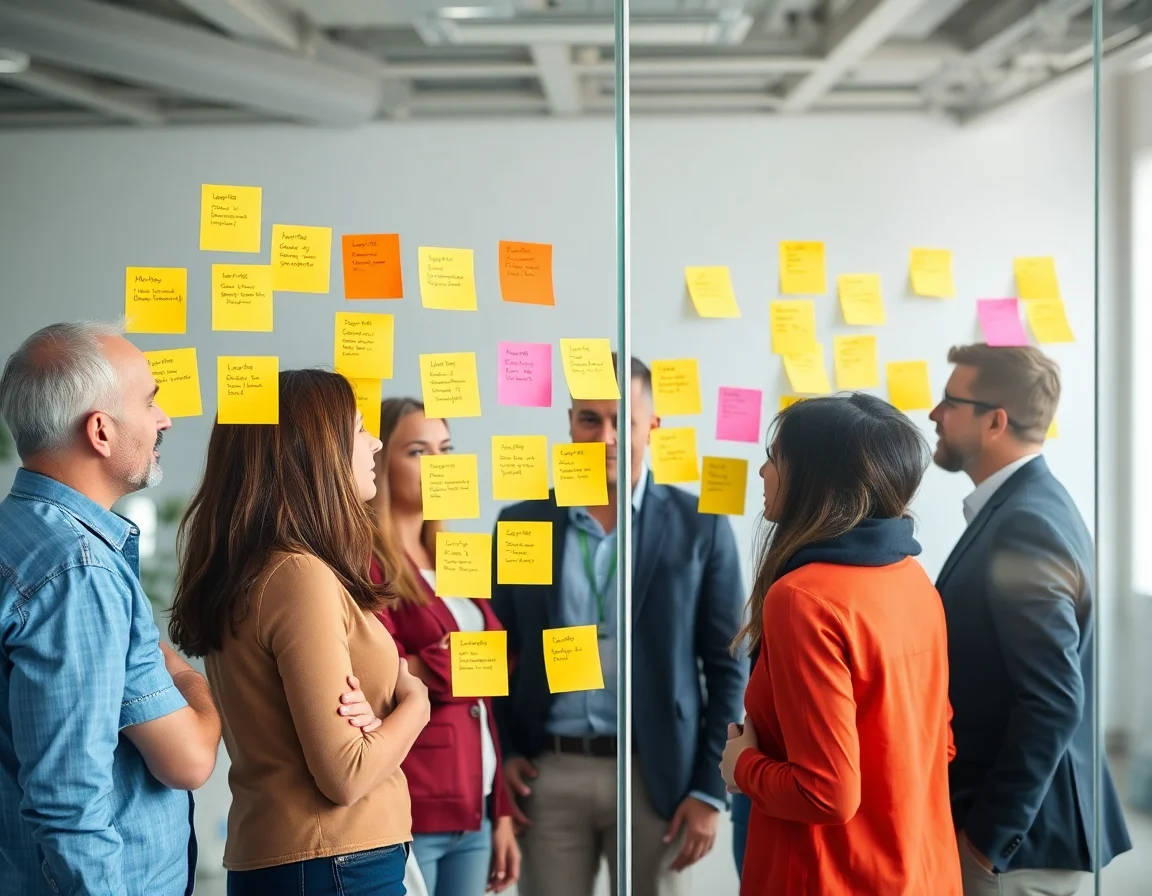 Creative team brainstorming with sticky notes on a glass wall.