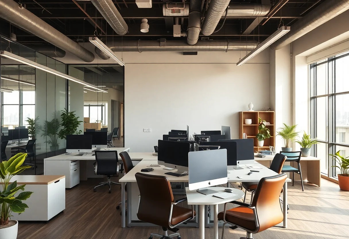 Modern office interior with computers and stylish furniture.