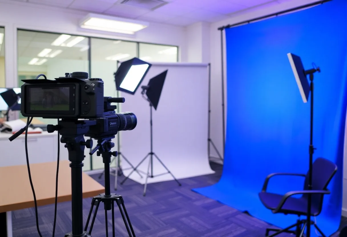 Professional mobile photography studio setup with lights, camera, and backdrop in an office space