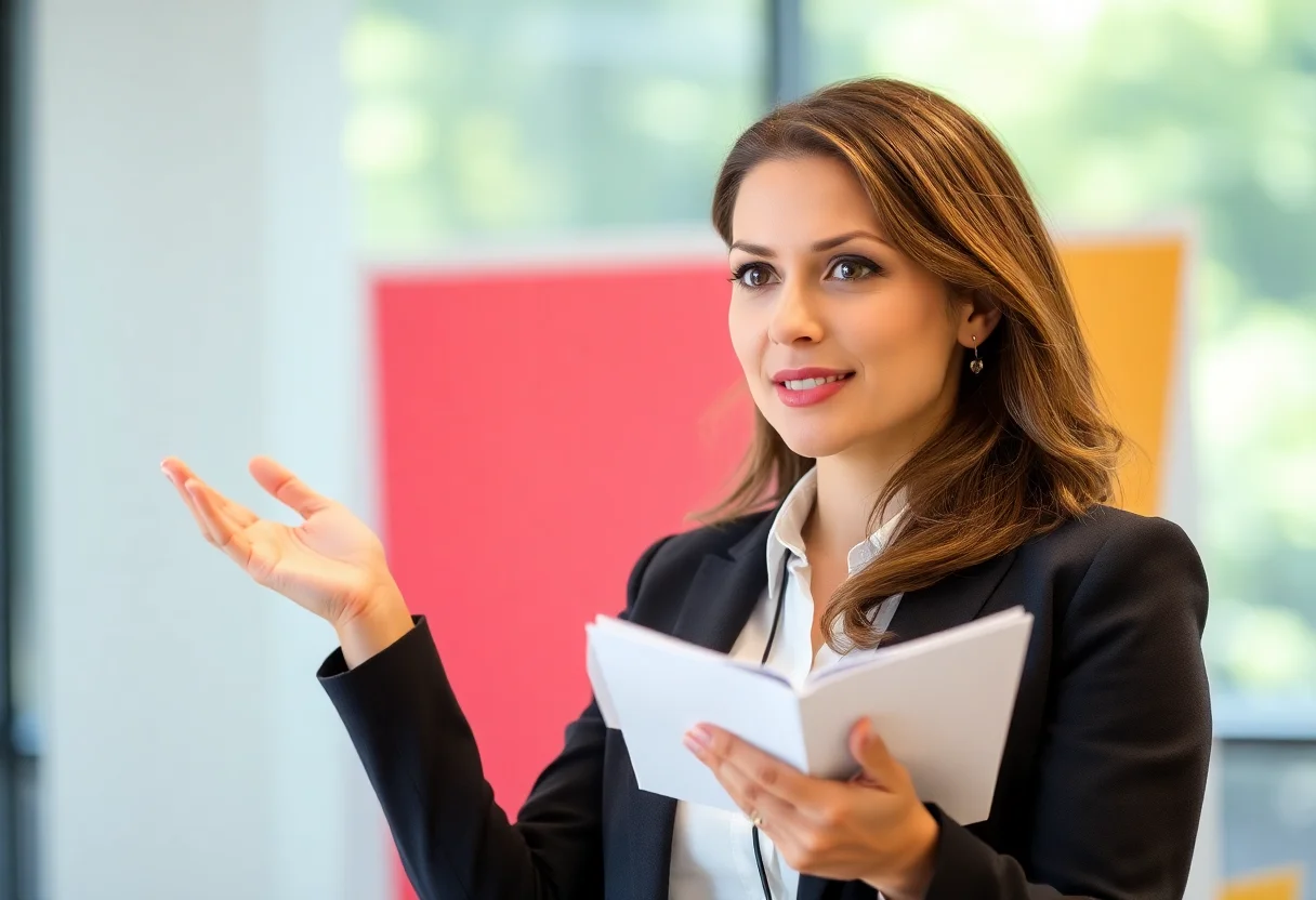 Professional woman giving a presentation.