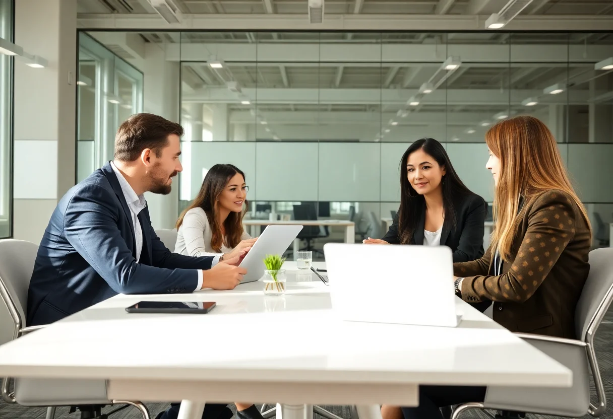 Professionals collaborating in a modern office meeting