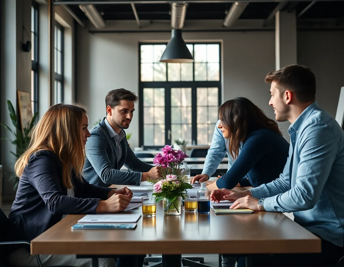 Team collaborating around a table.