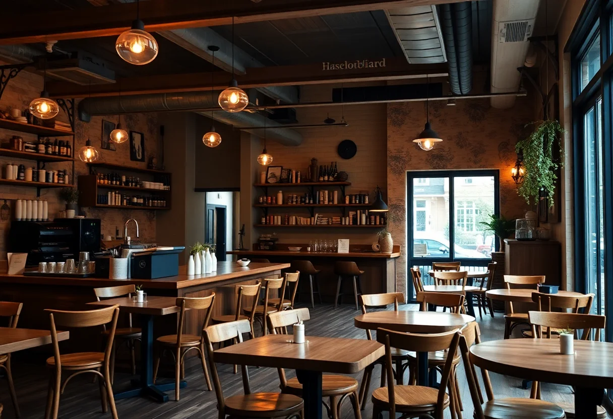 Warm and cozy interior of an artisan coffee shop with wooden furniture